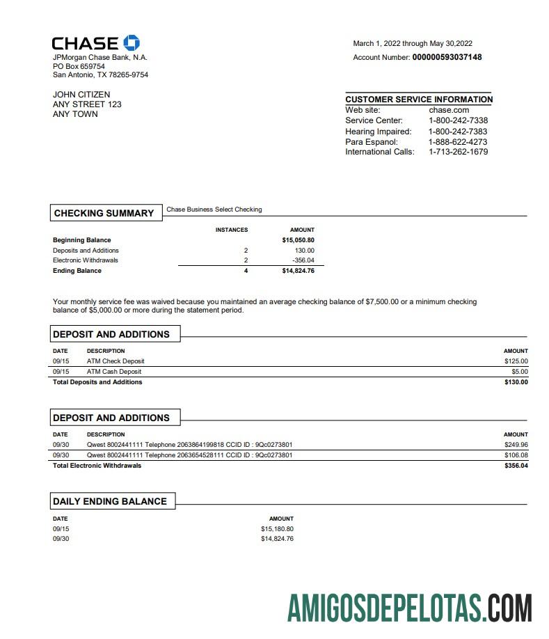 Modelo Word e PDF para download do extrato bancário do USA Chase Bank, versão 3